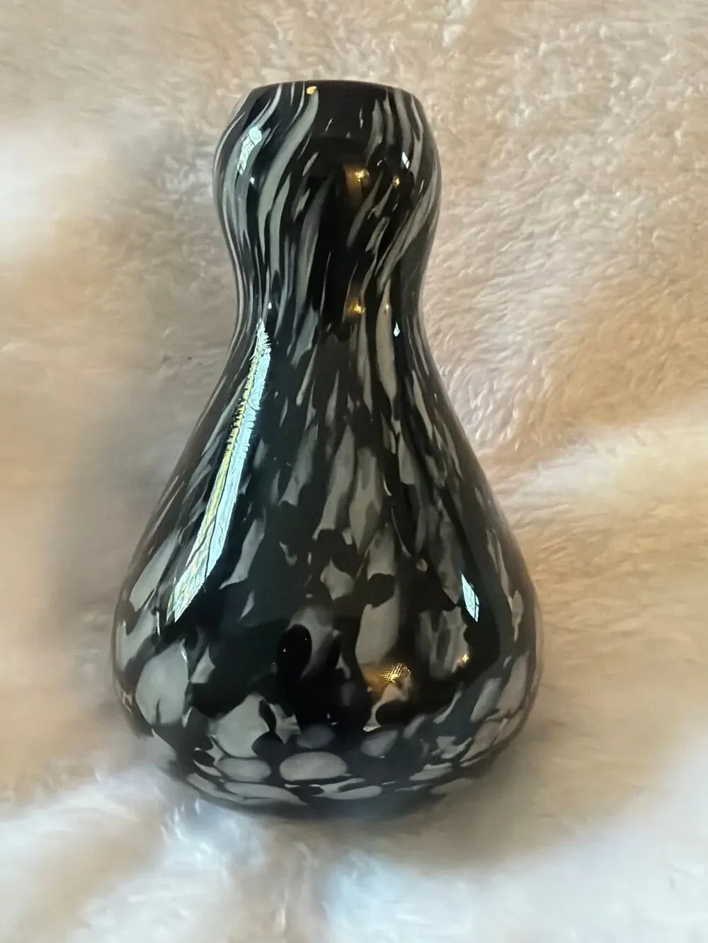 Vintage Black White Art Glass Bud Vase Hand Blown Confetti Speckled 4.5